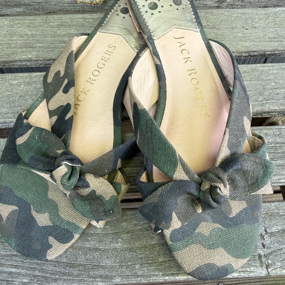 Jack Rogers Camouflage Knot Slide Mules in Green and Tan